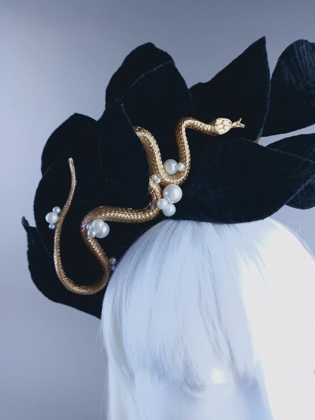 "Edenn" Black Velvet Leaf Gold Snake & Pearl Headdress