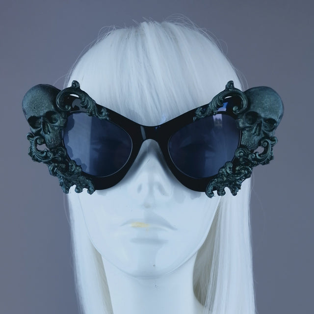 Pearls & Swine: Skull Cat Eye Sunglasses with Teal Filigree "Belial"