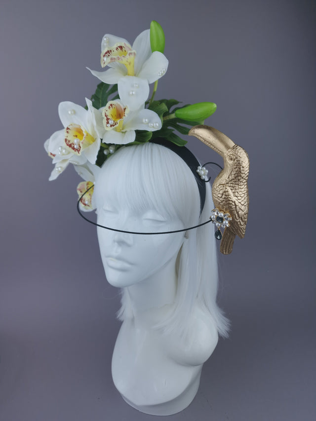 Pearls & Swine: Maximalist Ivory Orchid Floral Headpiece with Toucan