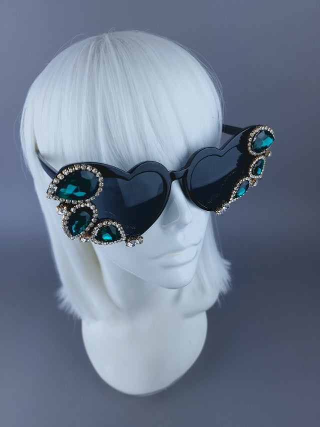 "Dramatique" Green Jewel Heart Shaped Sunglasses