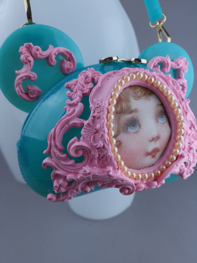 "Sweetpie" Teal Blue & Pink Filigree Teddy Shaped Handbag