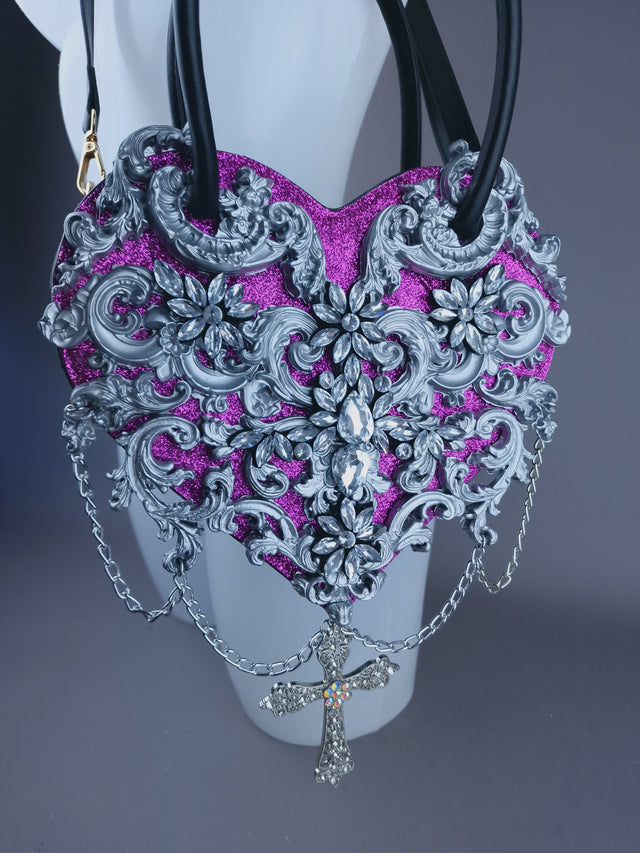 "Beltia" Silver Filigree & Pink Glitter Heart Shaped Handbag