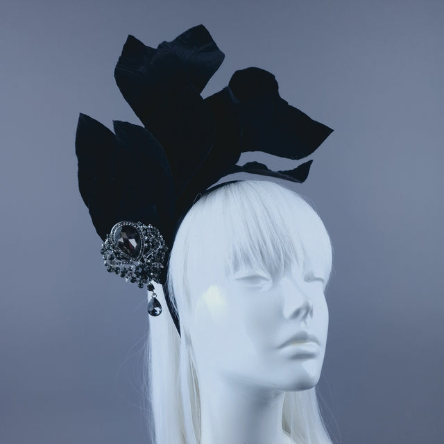 "Cristal" Black Velvet Leaf Headdress with Jewel