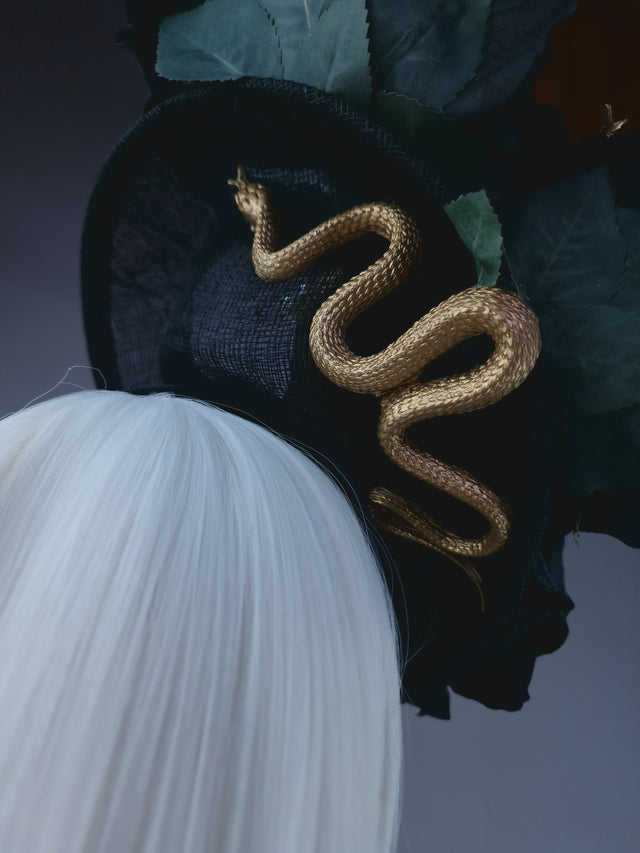"Serpentt" Black Rose, Gold Snake & Pearl Fascinator Hat