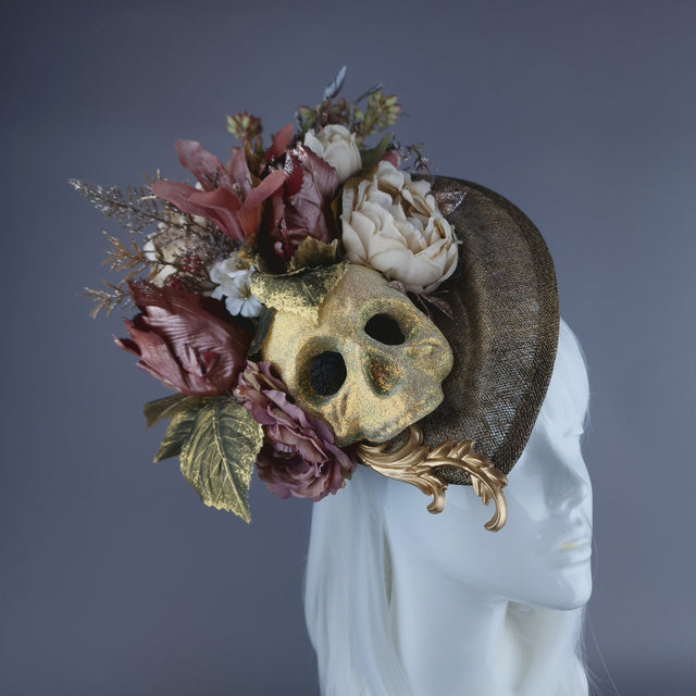 "Asura" Skull & Flower Gold & Brown Fascinator Hat