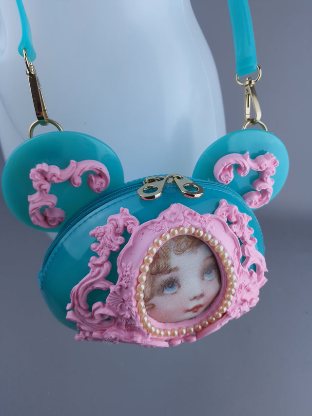 "Sweetpie" Teal Blue & Pink Filigree Teddy Shaped Handbag