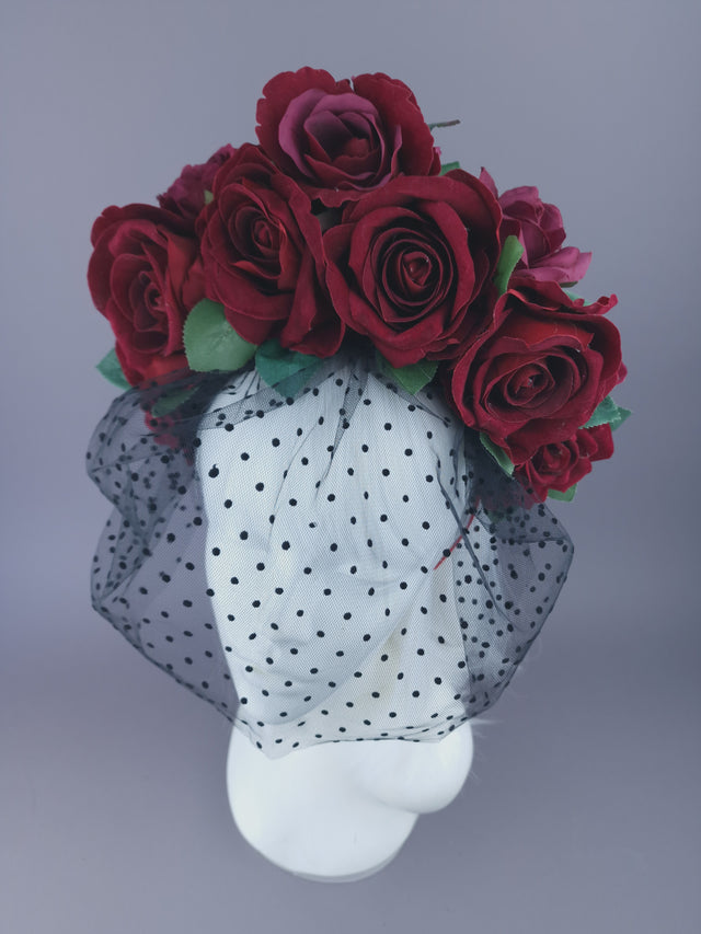 "Illusion" Red Rose & Veil Flower Headdress