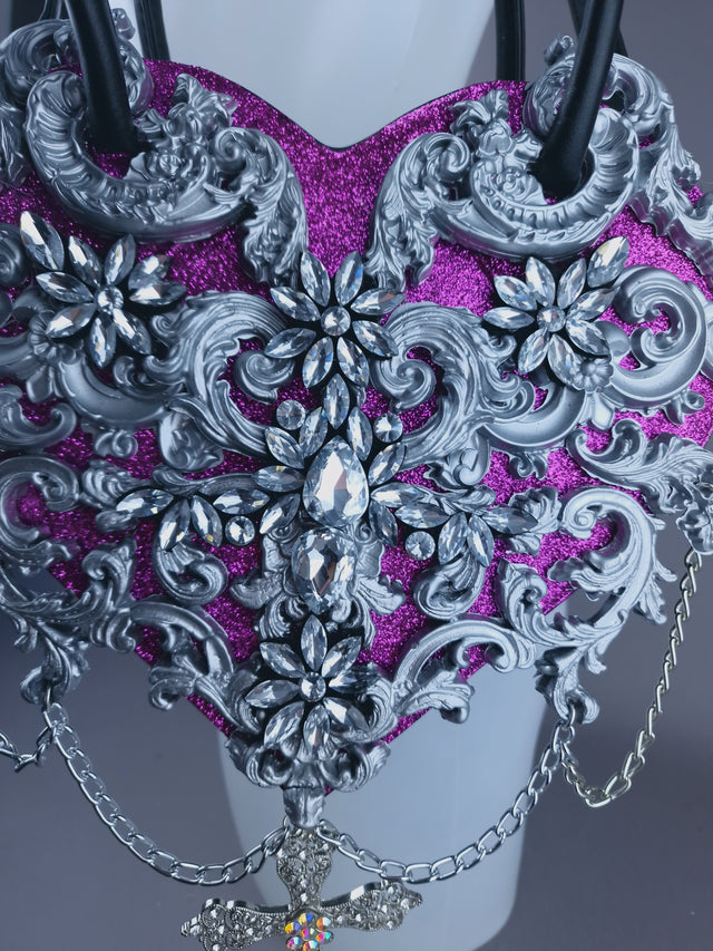 "Beltia" Silver Filigree & Pink Glitter Heart Shaped Handbag