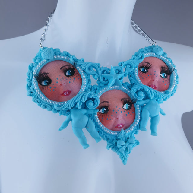 "Triple" Pastel Blue Dollface Filigree & Pearl Neckpiece