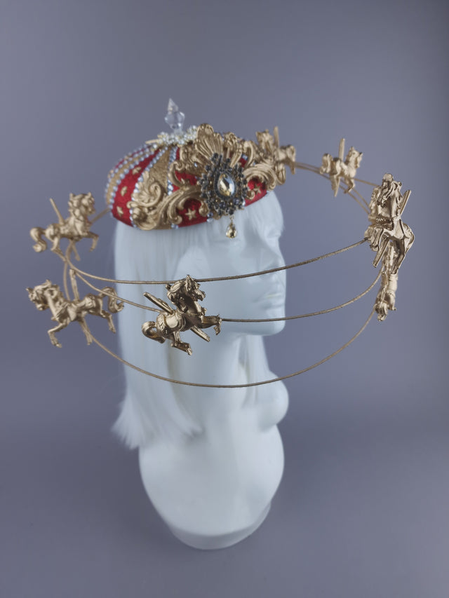 "Cirque Forever" Gold & Red Circus Carousel Wired Veil Hat