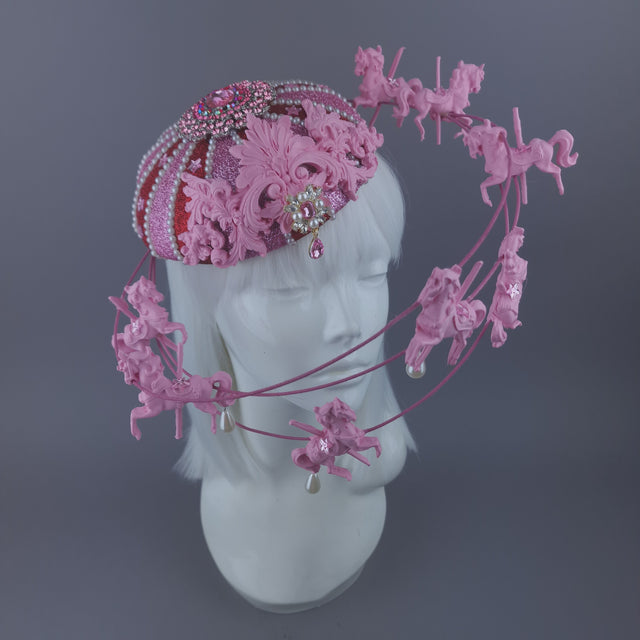 Pearls & Swine: Pink & Red Circus Carousel Wired Veil Hat "Cirque Forever"