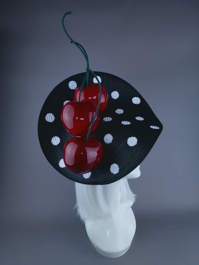 "Dottie" Black & White Polka Dot Giant Cherry Fascinator Hat