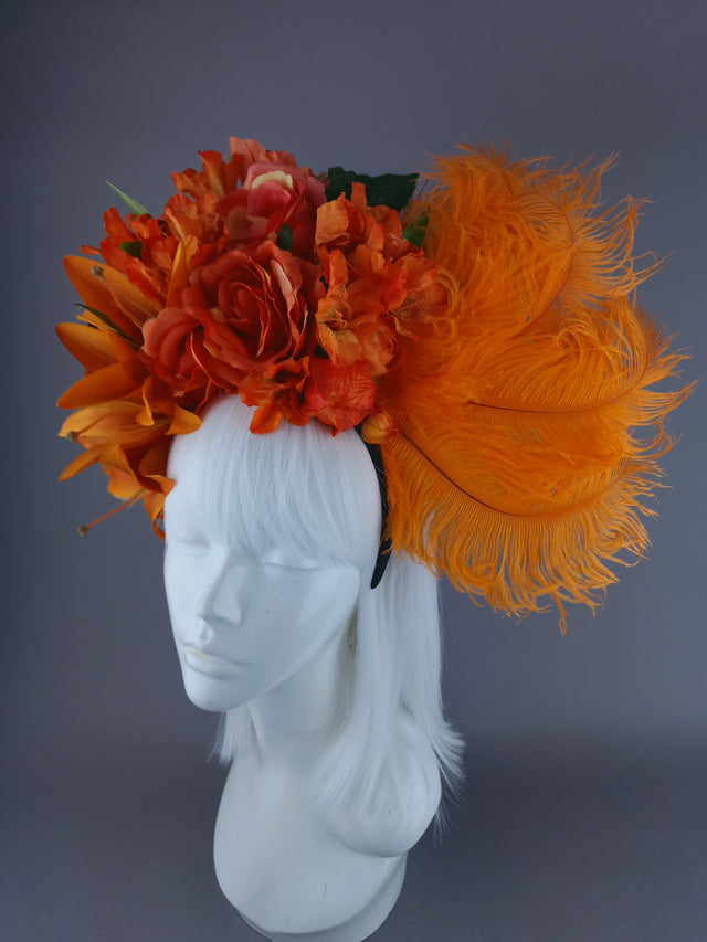 "Rise" Orange Flower & Feather Headdress