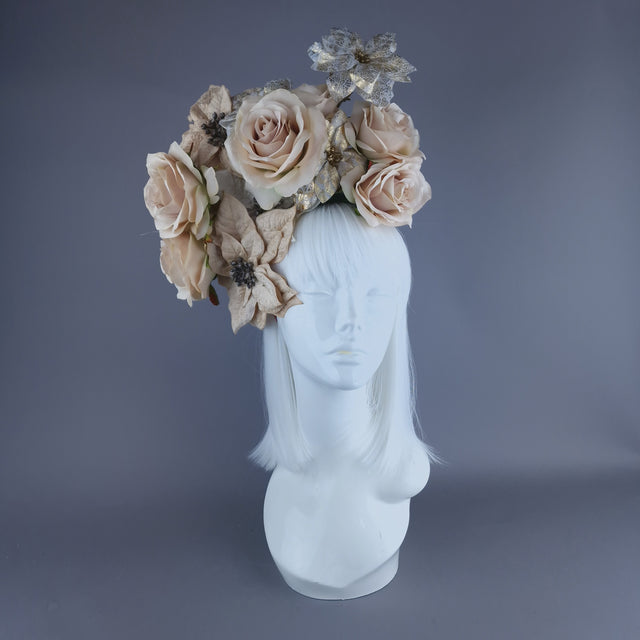 "Bernia" Beige & Gold Rose & Poinsettia Flower Headdress