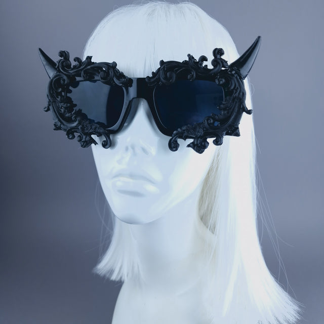 "Superbeast" Unisex Black Filigree Ornate Devil Horn Sunglasses