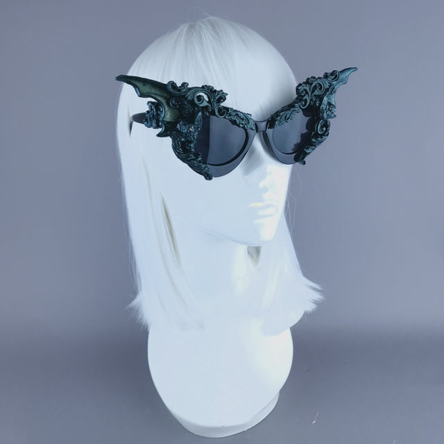 "Bathory" Iridescent Teal Filigree Ornate Bat Wing & Cherub Sunglasses