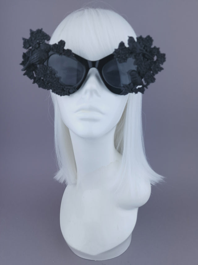 "Lilith" Black Bird & Flowers Filigree Catseye Sunglasses