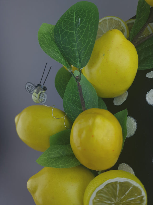 Pearls & Swine: Black & White Polka Dot Hat with Lemons & Bees "Sweet & Sour"