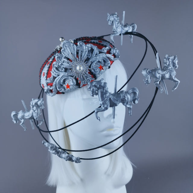 "Cirque Forever" Black, Silver & Red Circus Carousel Wired Veil Hat