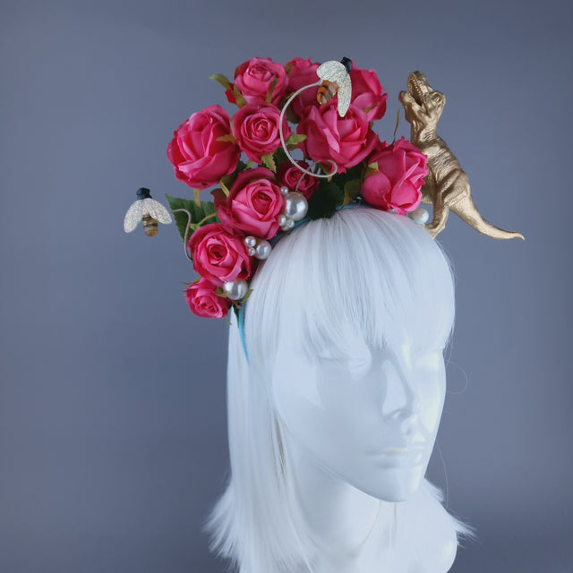 "Dainty" Dinosaur, Pearls & Pink Rose Headdress