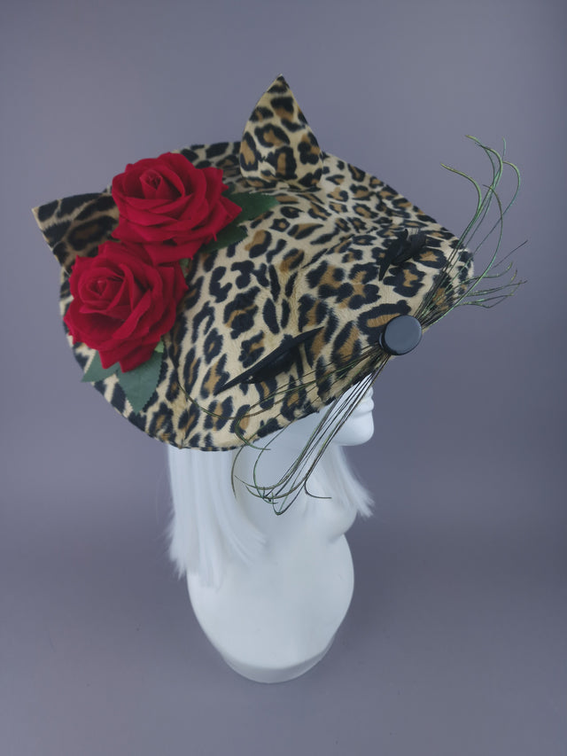 "Purrr" Leopard Print Cat & Rose Hat