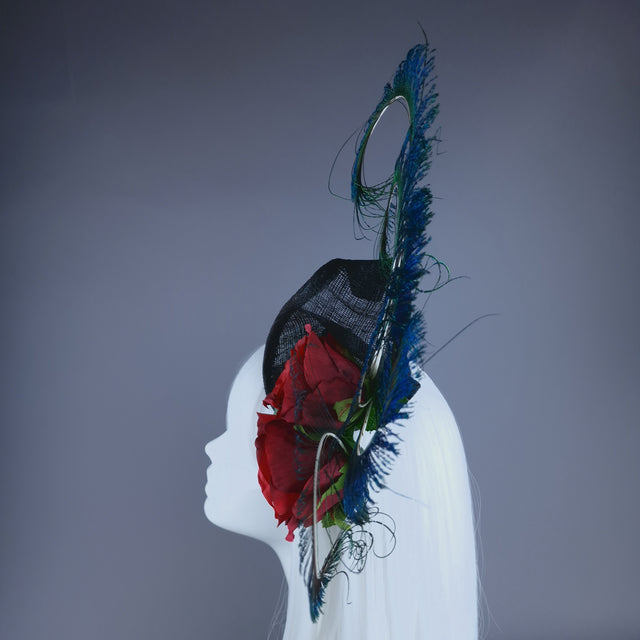"Sass" Red Rose & Peacock Feather Headdress