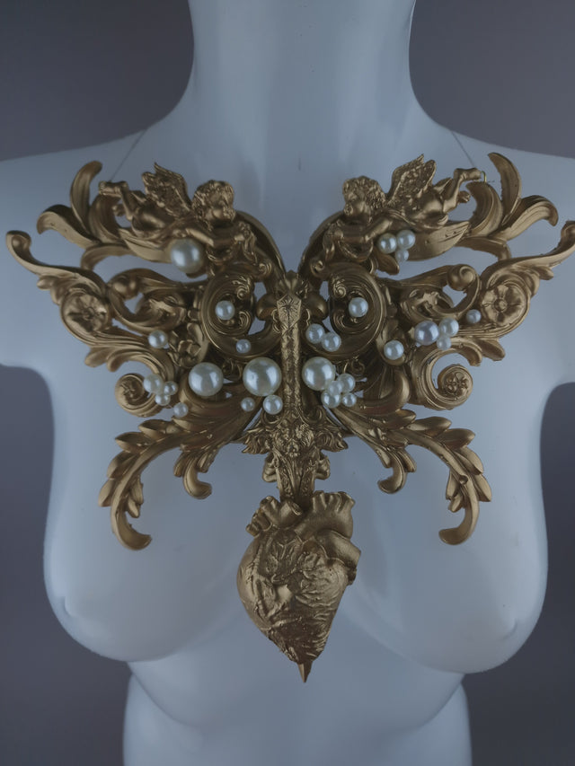 Pearls & Swine: Gold Filigree, Sword, Heart & Pearls Neckpiece "Covenant"