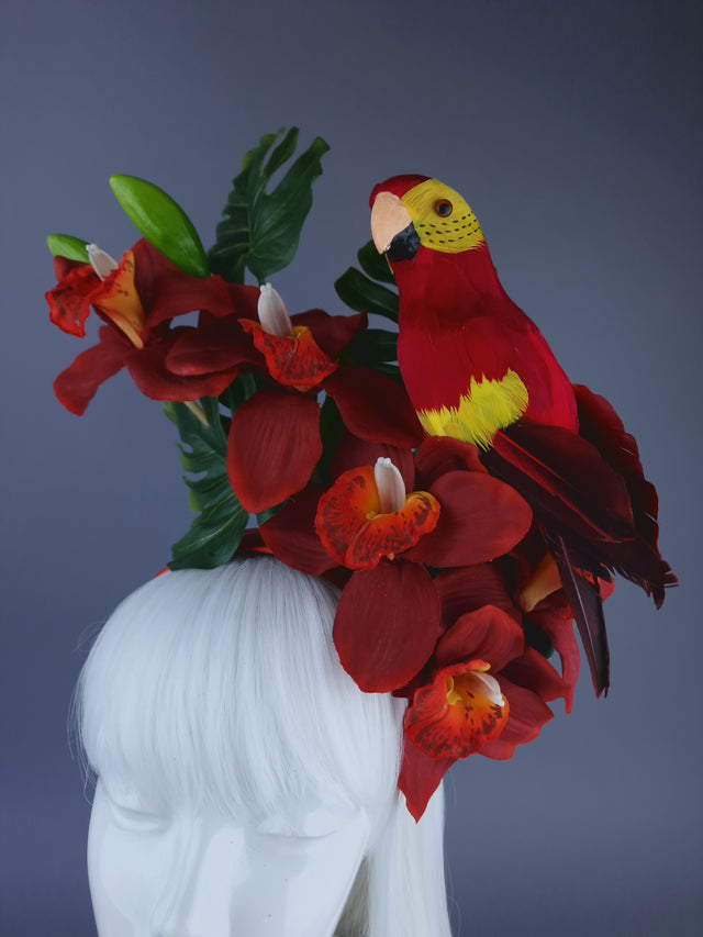 "Firdaus"Tropical Red Orchid, Leaf & Parrot Headdress