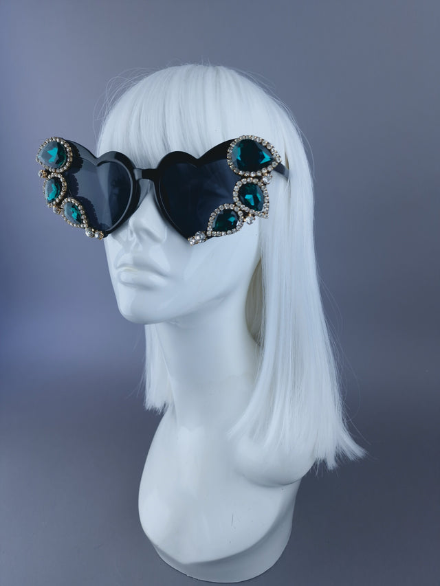 "Dramatique" Green Jewel Heart Shaped Sunglasses