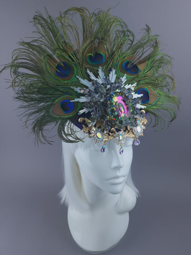 Pearls & Swine: Jewel & Peacock Feather Fascinator Hat "Nile"