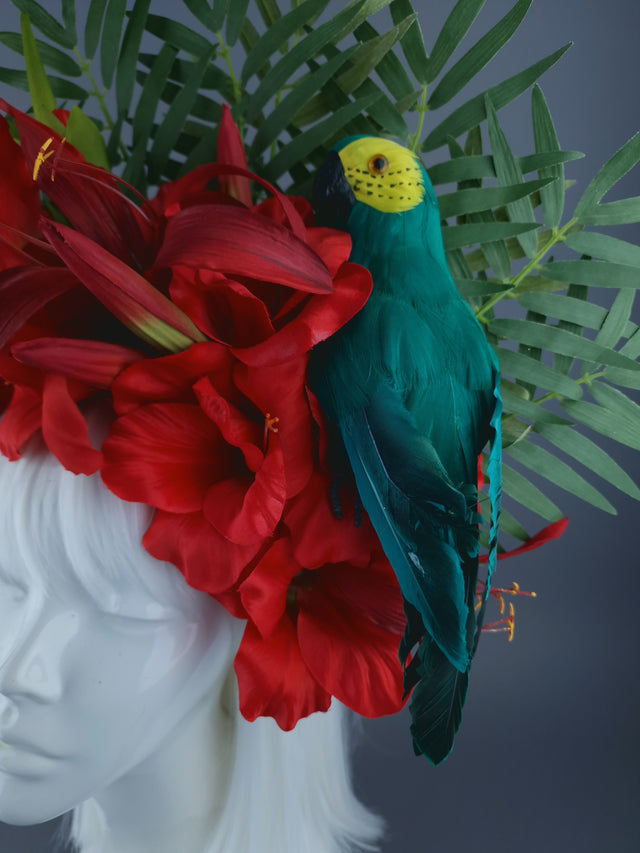 "Alamea" Tropical Red Flowers, Leaf & Parrot Headdress
