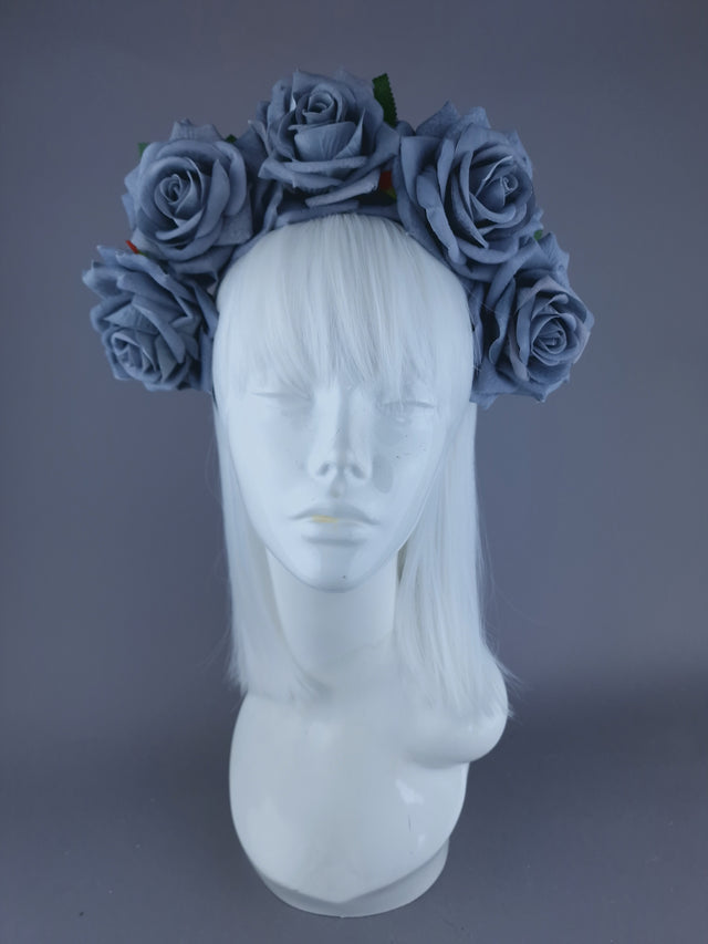 "Eva" Grey Velvet Rose Flower Headdress & Neckpiece