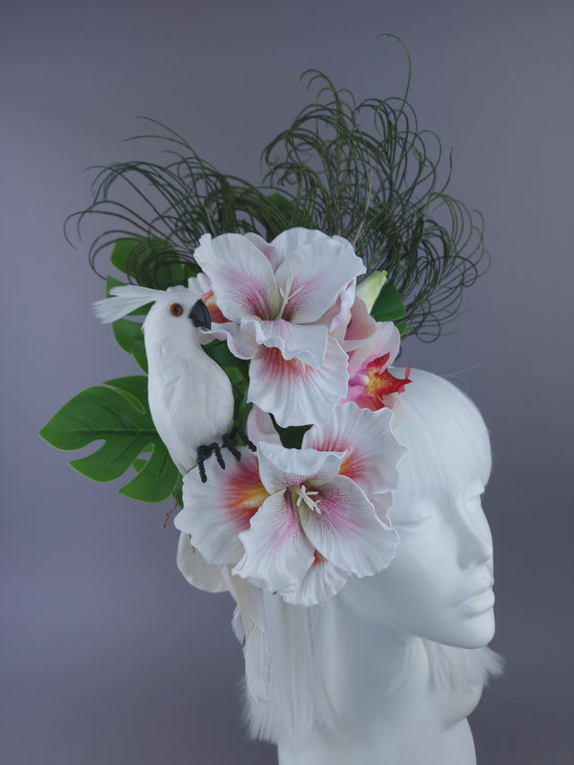 Pearls & Swine: Maximalist White Orchid Floral Feather Headpiece with Parrot