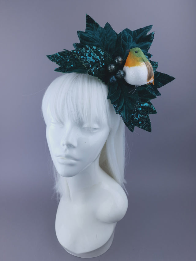 Large Velvet Poinsettia & Robin Xmas Headdress