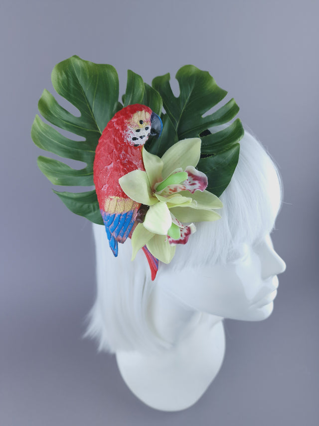 "Tropic" Red Parrot & Orchid Mini Fascinator