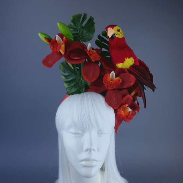 "Firdaus"Tropical Red Orchid, Leaf & Parrot Headdress