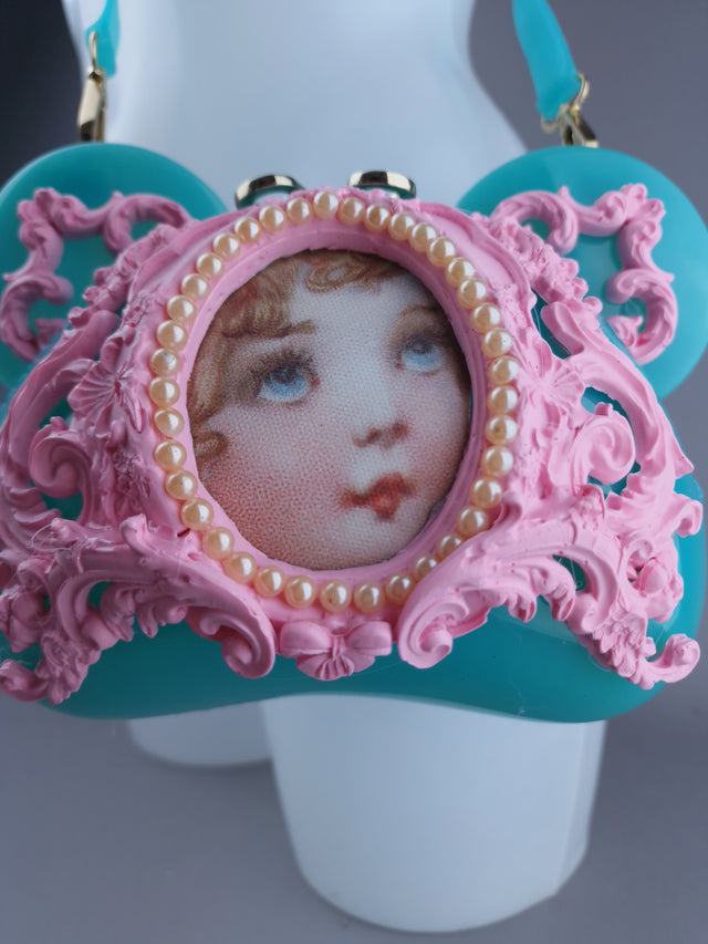"Sweetpie" Teal Blue & Pink Filigree Teddy Shaped Handbag