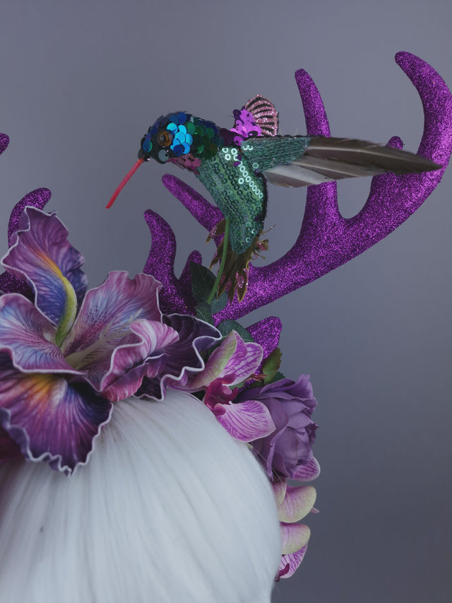 Pearls & Swine: Maximalist Purple/Pink Floral Deet Horn Headdress with Hummingbirds