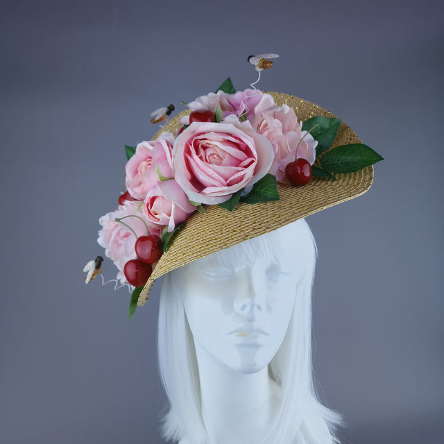 "Daphne" Pink Rose & Cherry Fascinator Hat