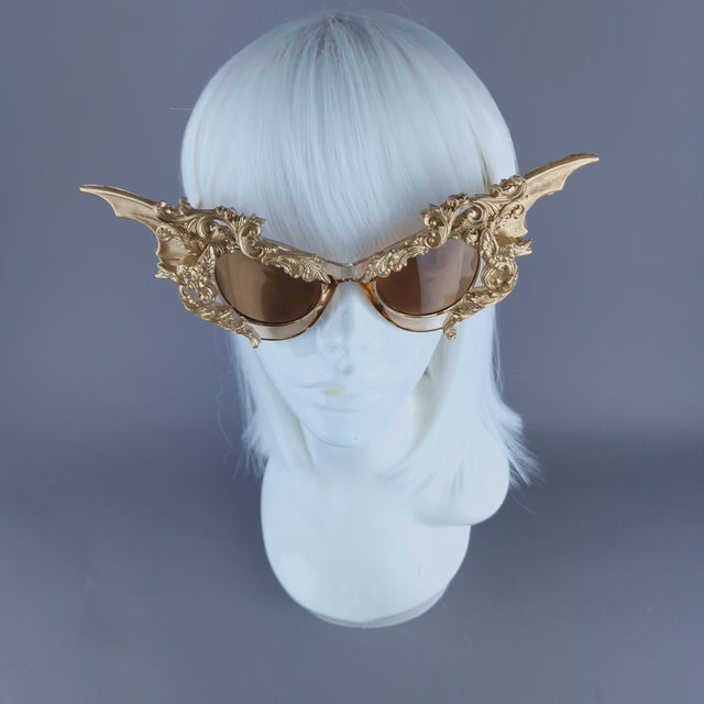 "Bathory" Gold Filigree Ornate Bat Wing & Cherub Sunglasses