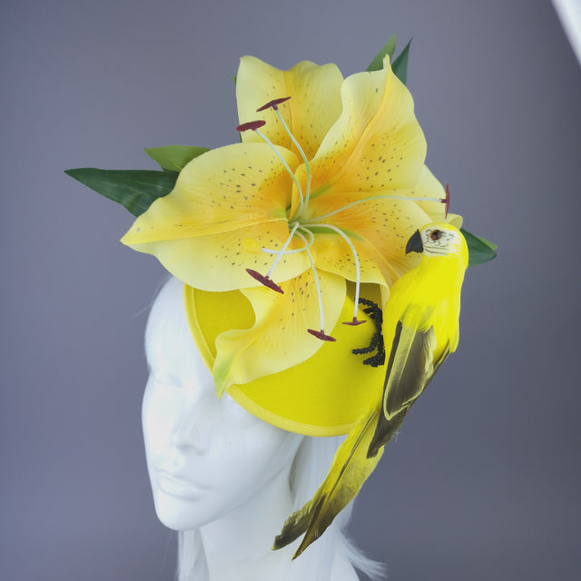 Pearls & Swine: Giant Yellow Flower Fascinator with Lily & Parrot "Caius"