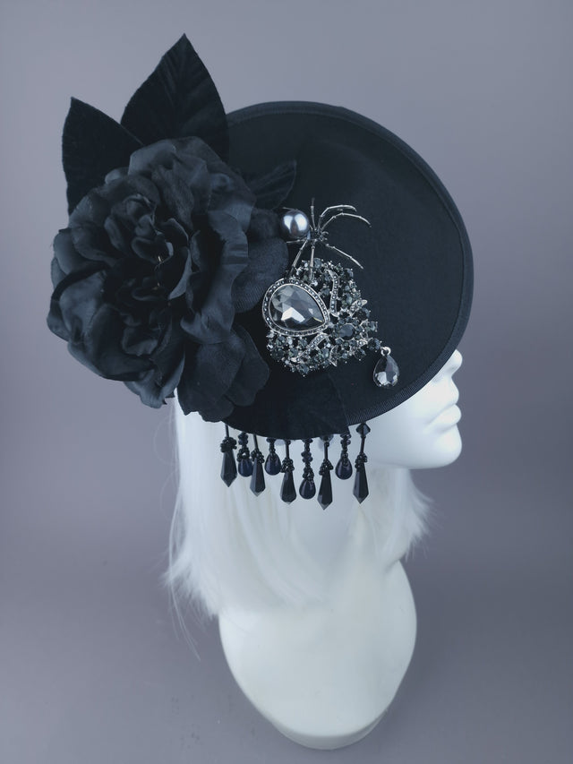 Pearls & Swine: Black Vintage-Inspired Hat with Rose, Spider & Jewel "June"