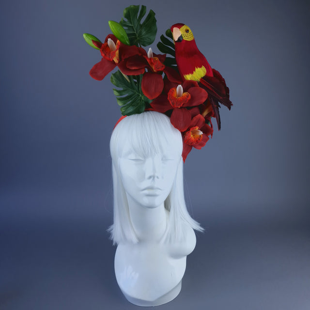 "Firdaus"Tropical Red Orchid, Leaf & Parrot Headdress