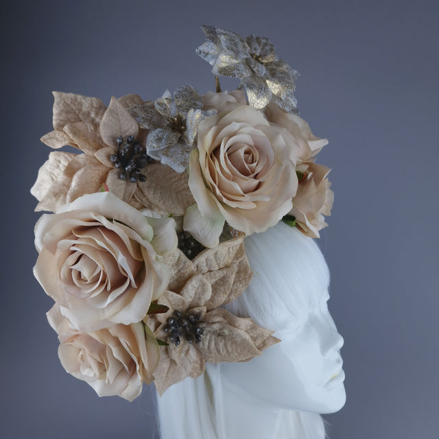 "Bernia" Beige & Gold Rose & Poinsettia Flower Headdress