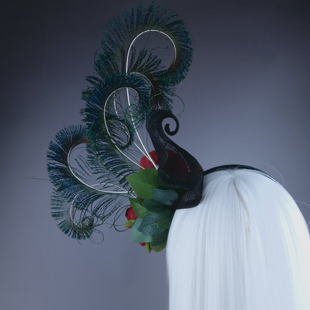 "Sass" Red Rose & Peacock Feather Headdress