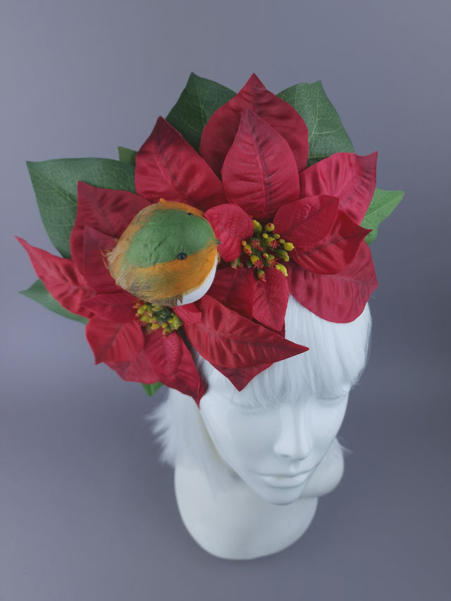 Large Red Poinsettia & Robin Xmas Headdress