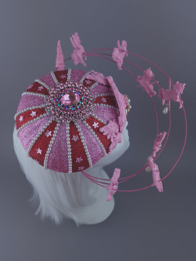 Pearls & Swine: Pink & Red Circus Carousel Wired Veil Hat "Cirque Forever"