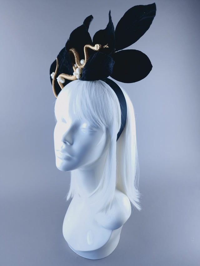 "Edenn" Black Velvet Leaf Gold Snake & Pearl Headdress