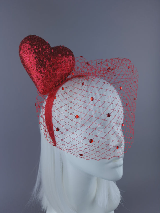 "Diletta" Red Glitter Heart Veil Headdress
