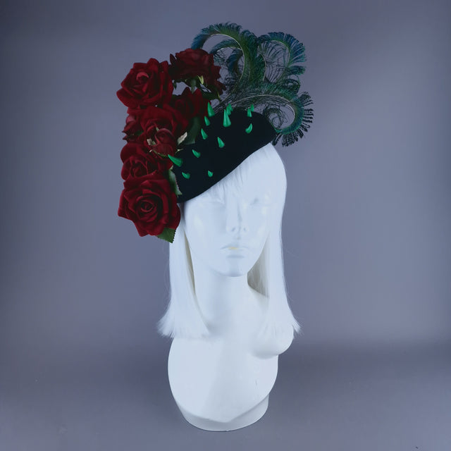 "L'Air Du Temps" Red Rose, Feather & Thorns Fascinator Hat